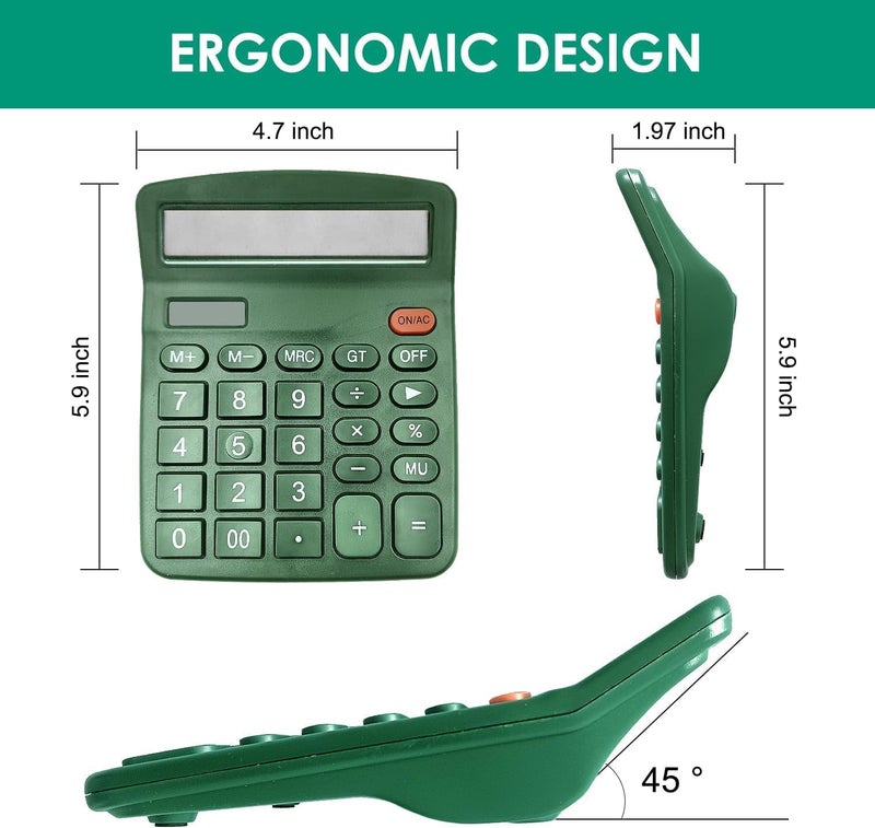 DUFCUSPH 12 Digits Desktop Calculator with Large LCD Display, Basic Calculator Dual Solar Power and Battery, Standard Function for Office, Home, School (Dark Green) - Image 2